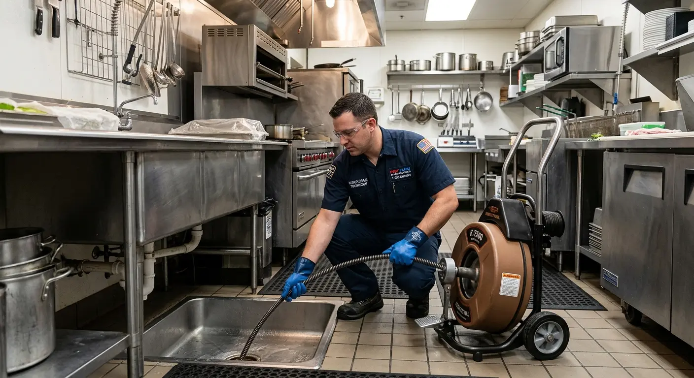 Commercial drain cleaning service in a restaurant kitchen in North Aurora