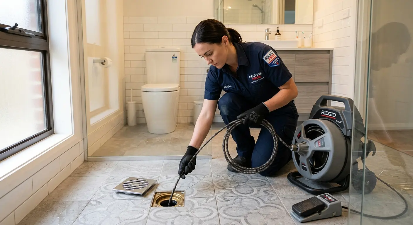 Technician clearing a bathroom floor drain for Sewer Line Installation in North Aurora